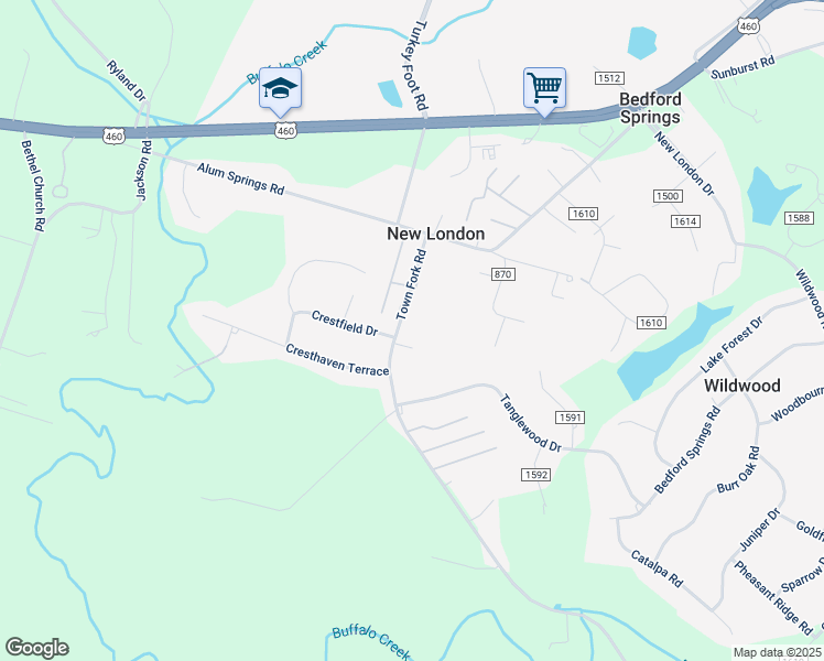 map of restaurants, bars, coffee shops, grocery stores, and more near 2711 Town Fork Road in Evington