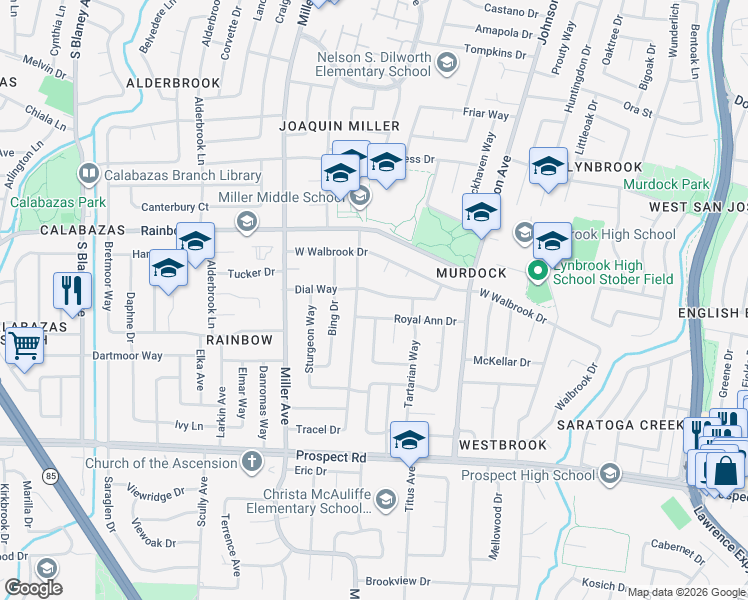 map of restaurants, bars, coffee shops, grocery stores, and more near 6124 Dial Way in San Jose