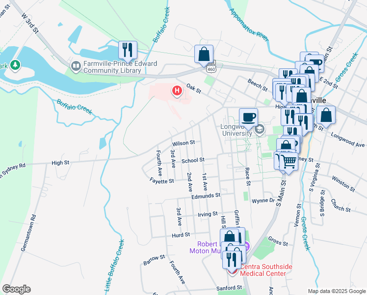 map of restaurants, bars, coffee shops, grocery stores, and more near 303 2nd Avenue in Farmville