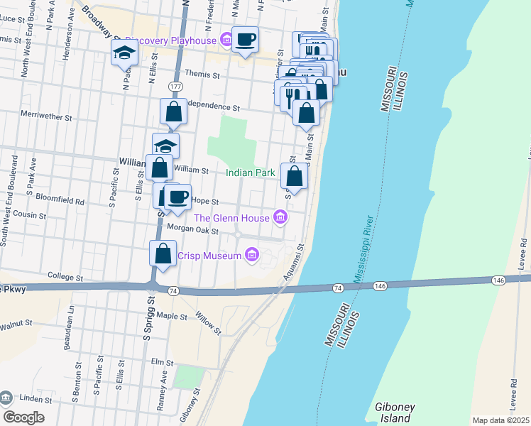map of restaurants, bars, coffee shops, grocery stores, and more near 235 Good Hope Street in Cape Girardeau