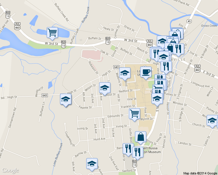 map of restaurants, bars, coffee shops, grocery stores, and more near 311 1st Avenue in Farmville