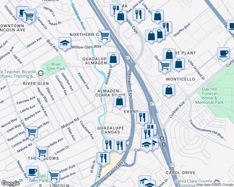 map of restaurants, bars, coffee shops, grocery stores, and more near 1984 Almaden Road in San Jose