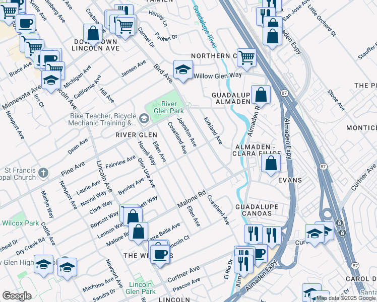 map of restaurants, bars, coffee shops, grocery stores, and more near 869 Byerley Avenue in San Jose
