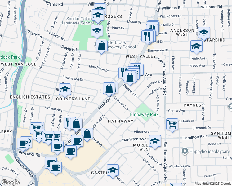 map of restaurants, bars, coffee shops, grocery stores, and more near Saratoga Avenue in San Jose