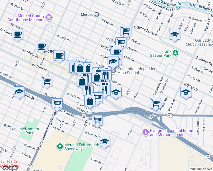map of restaurants, bars, coffee shops, grocery stores, and more near 1720 G Street in Merced