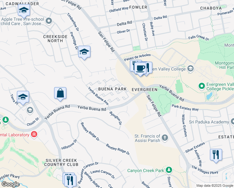 map of restaurants, bars, coffee shops, grocery stores, and more near 2830 Buena Knoll Court in San Jose