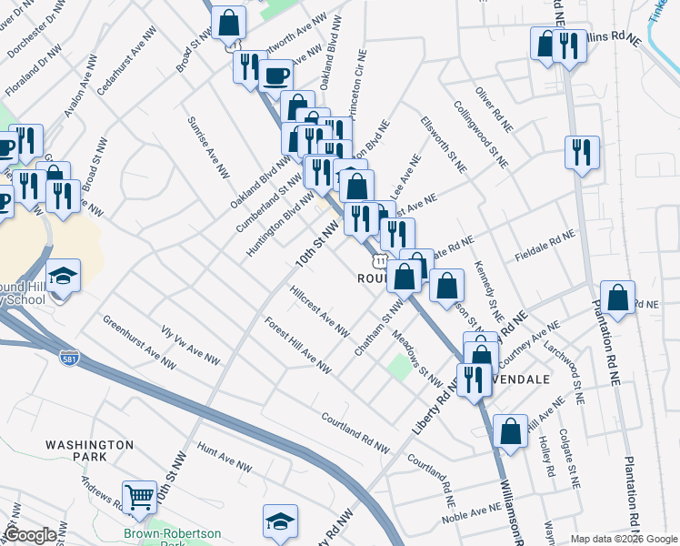 map of restaurants, bars, coffee shops, grocery stores, and more near 3148 Roundhill Avenue Northwest in Roanoke