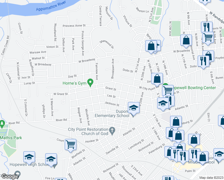 map of restaurants, bars, coffee shops, grocery stores, and more near 2400 Grant Street in Hopewell