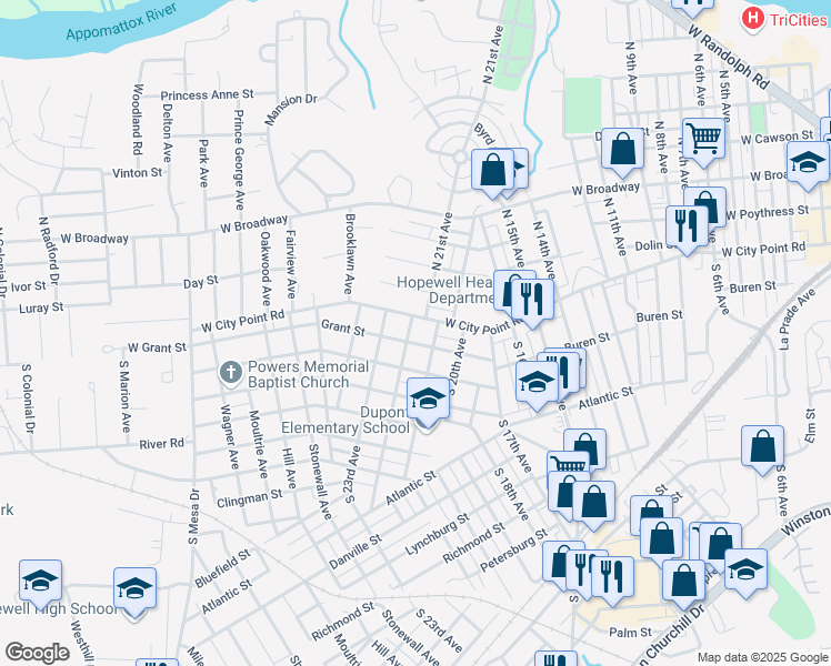 map of restaurants, bars, coffee shops, grocery stores, and more near 113 South 22nd Avenue in Hopewell