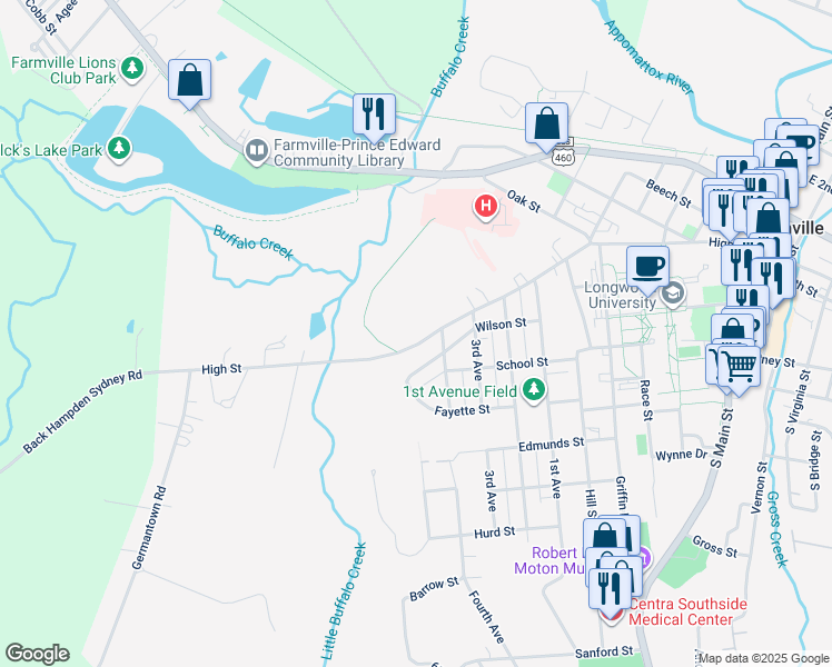 map of restaurants, bars, coffee shops, grocery stores, and more near 1104 High Street in Farmville
