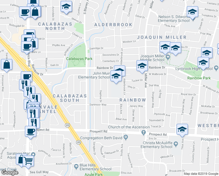 map of restaurants, bars, coffee shops, grocery stores, and more near 1366 Glenmoor Way in San Jose
