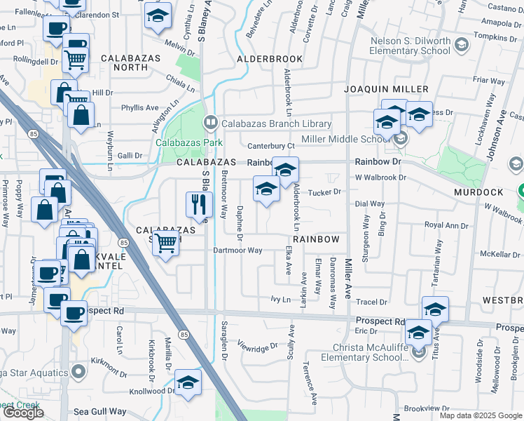 map of restaurants, bars, coffee shops, grocery stores, and more near 1366 Glenmoor Way in San Jose