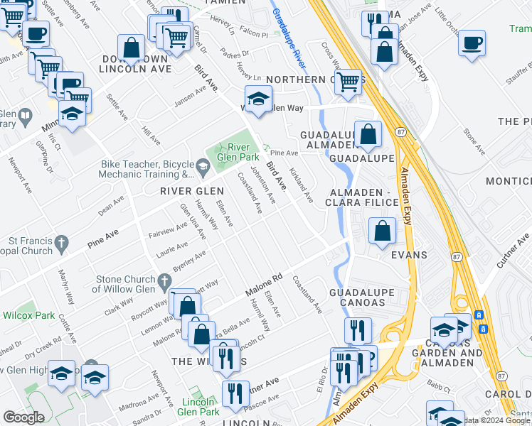 map of restaurants, bars, coffee shops, grocery stores, and more near 869 Byerley Avenue in San Jose