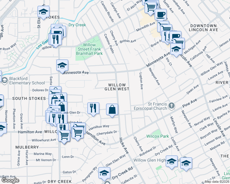 map of restaurants, bars, coffee shops, grocery stores, and more near 1436 Cherry Valley Drive in San Jose