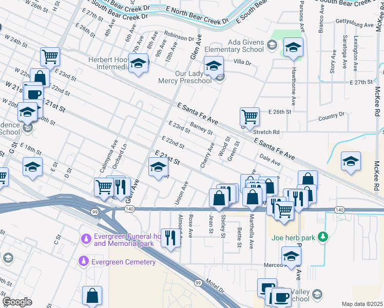 map of restaurants, bars, coffee shops, grocery stores, and more near 1034 East 22nd Street in Merced