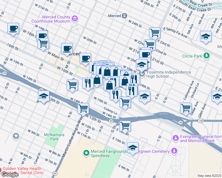 map of restaurants, bars, coffee shops, grocery stores, and more near 149 West 16th Street in Merced