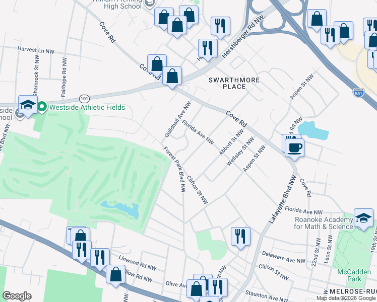 map of restaurants, bars, coffee shops, grocery stores, and more near 1531 Golfside Avenue Northwest in Roanoke