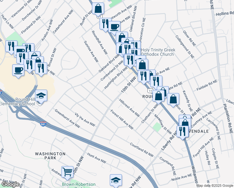 map of restaurants, bars, coffee shops, grocery stores, and more near 2708 10th Street Northwest in Roanoke