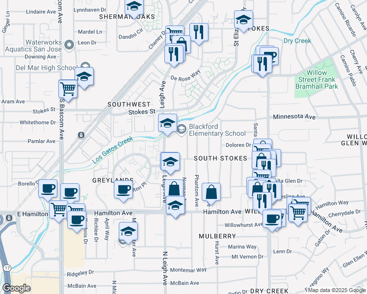 map of restaurants, bars, coffee shops, grocery stores, and more near 1467 Norman Avenue in San Jose