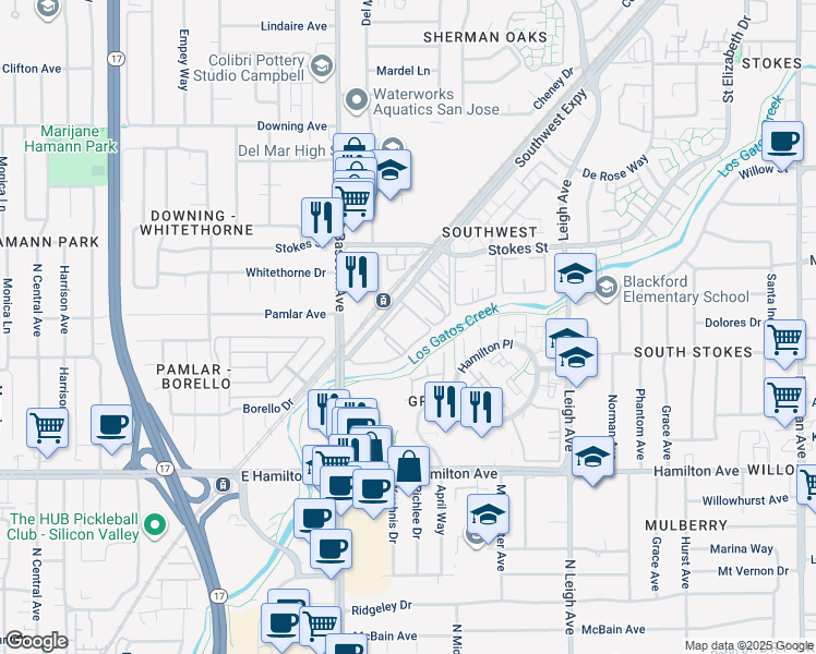 map of restaurants, bars, coffee shops, grocery stores, and more near 2050 Southwest Expressway in San Jose