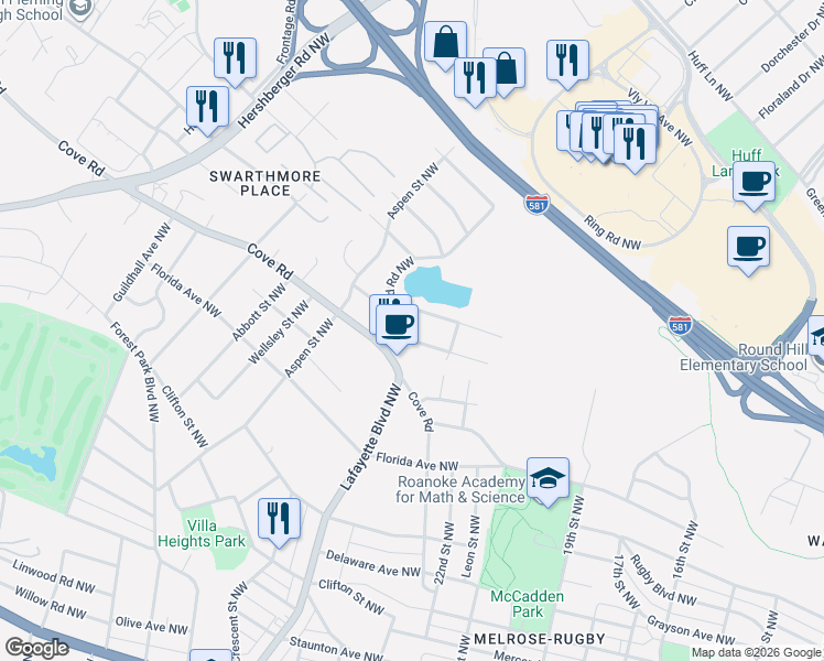 map of restaurants, bars, coffee shops, grocery stores, and more near 2655 Springhill Drive Northwest in Roanoke
