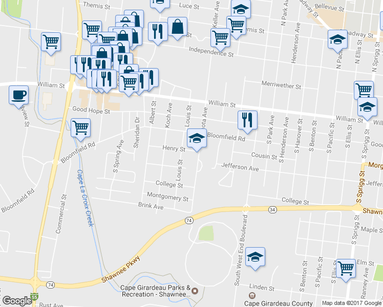 map of restaurants, bars, coffee shops, grocery stores, and more near 1715 Henry Street in Cape Girardeau