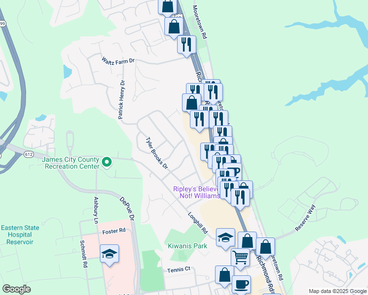 map of restaurants, bars, coffee shops, grocery stores, and more near 217 Thomas Nelson Lane in Williamsburg
