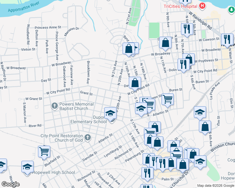 map of restaurants, bars, coffee shops, grocery stores, and more near 2004 West City Point Road in Hopewell