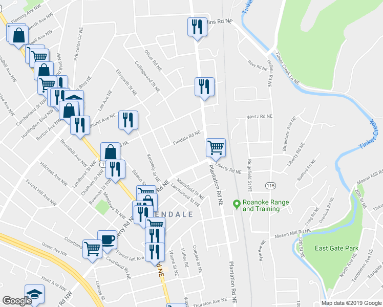 map of restaurants, bars, coffee shops, grocery stores, and more near 2622 Fairfield Drive Northeast in Roanoke