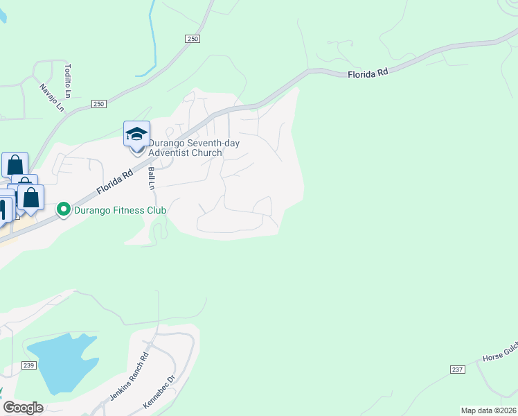 map of restaurants, bars, coffee shops, grocery stores, and more near 38 Whispering Pines Circle in Durango
