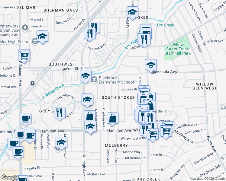 map of restaurants, bars, coffee shops, grocery stores, and more near 1468 Grace Avenue in San Jose