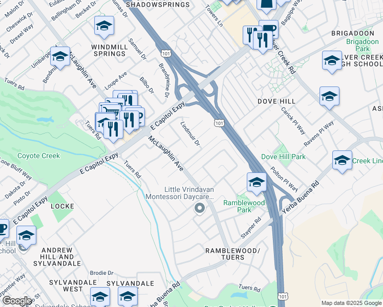 map of restaurants, bars, coffee shops, grocery stores, and more near 1243 Isengard Drive in San Jose