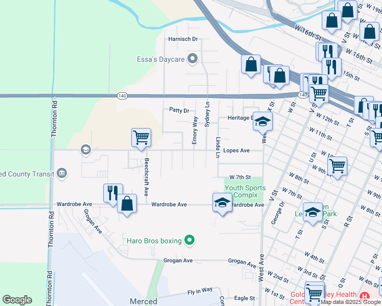 map of restaurants, bars, coffee shops, grocery stores, and more near 897 Emory Court in Merced