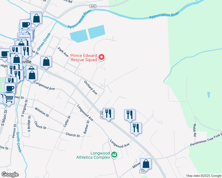 map of restaurants, bars, coffee shops, grocery stores, and more near 406 Cedar Street in Farmville