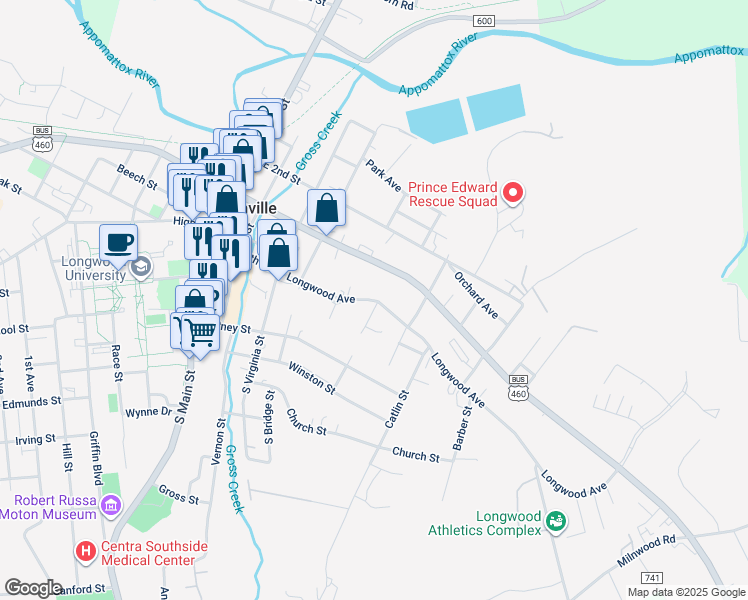 map of restaurants, bars, coffee shops, grocery stores, and more near 105 Wiley Lane in Farmville