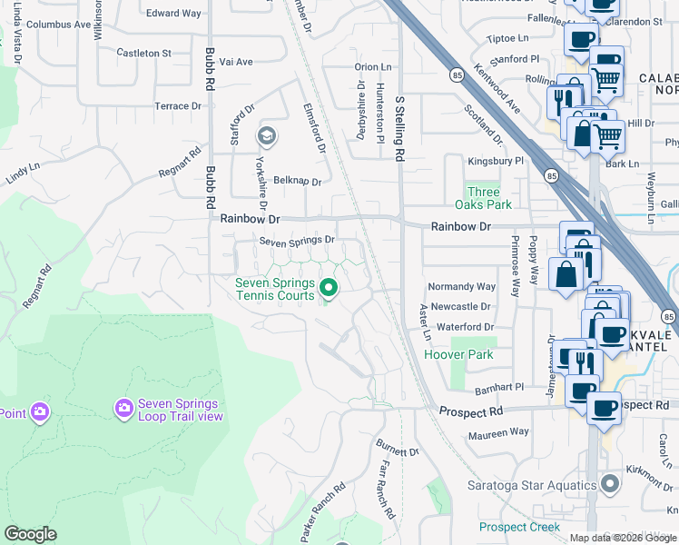 map of restaurants, bars, coffee shops, grocery stores, and more near 11603 Bridge Park Court in Cupertino