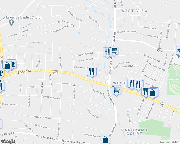 map of restaurants, bars, coffee shops, grocery stores, and more near 4525 Melrose Avenue Northwest in Roanoke