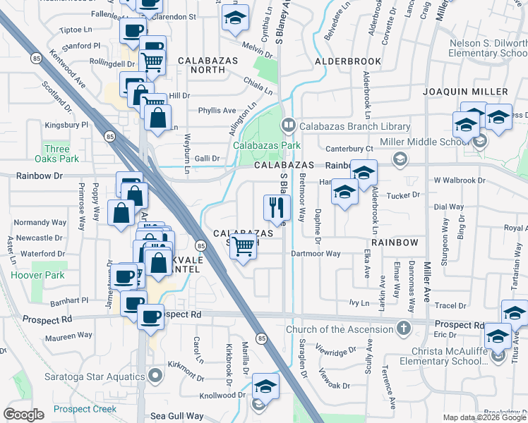 map of restaurants, bars, coffee shops, grocery stores, and more near 1389 Kintyre Way in San Jose