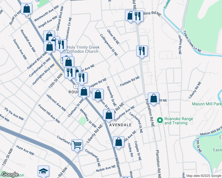 map of restaurants, bars, coffee shops, grocery stores, and more near 2803 Kennedy Street Northeast in Roanoke
