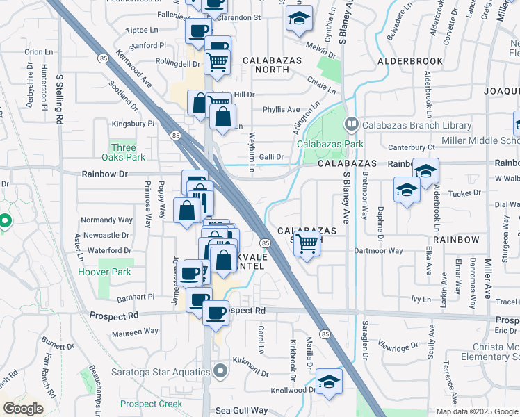 map of restaurants, bars, coffee shops, grocery stores, and more near 11730 Sharon Drive in San Jose