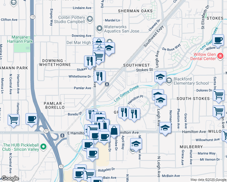 map of restaurants, bars, coffee shops, grocery stores, and more near 2050 Southwest Expressway in San Jose