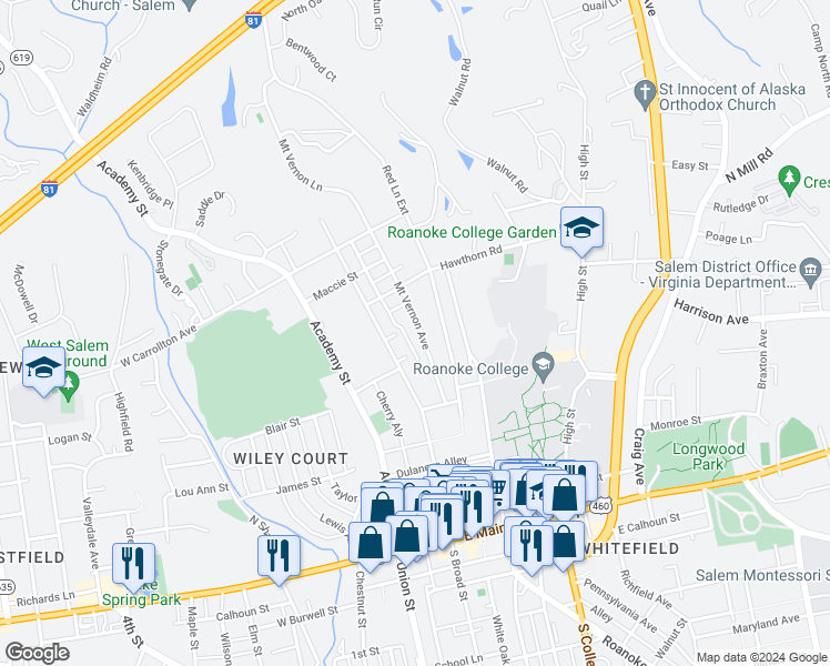 map of restaurants, bars, coffee shops, grocery stores, and more near 427 Mount Vernon Avenue in Salem