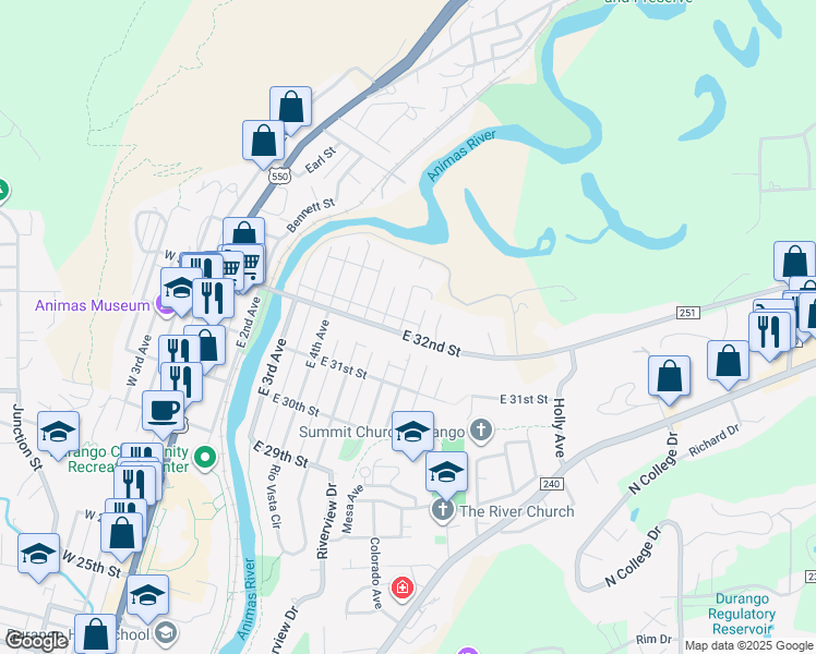 map of restaurants, bars, coffee shops, grocery stores, and more near 3202 East 6th Avenue in Durango