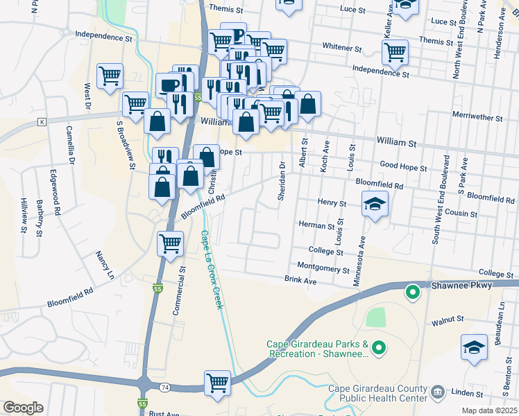 map of restaurants, bars, coffee shops, grocery stores, and more near 424 South Spring Street in Cape Girardeau