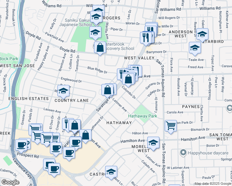 map of restaurants, bars, coffee shops, grocery stores, and more near Saratoga Avenue in San Jose