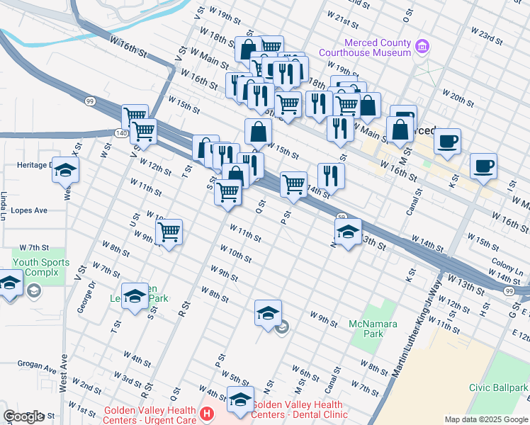 map of restaurants, bars, coffee shops, grocery stores, and more near 955 West 12th Street in Merced