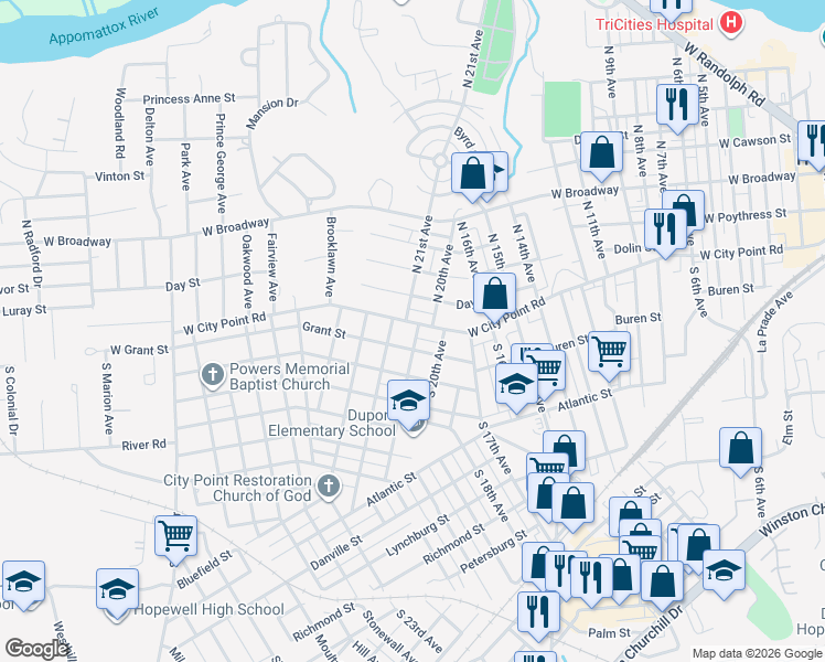 map of restaurants, bars, coffee shops, grocery stores, and more near 113 South 22nd Avenue in Hopewell
