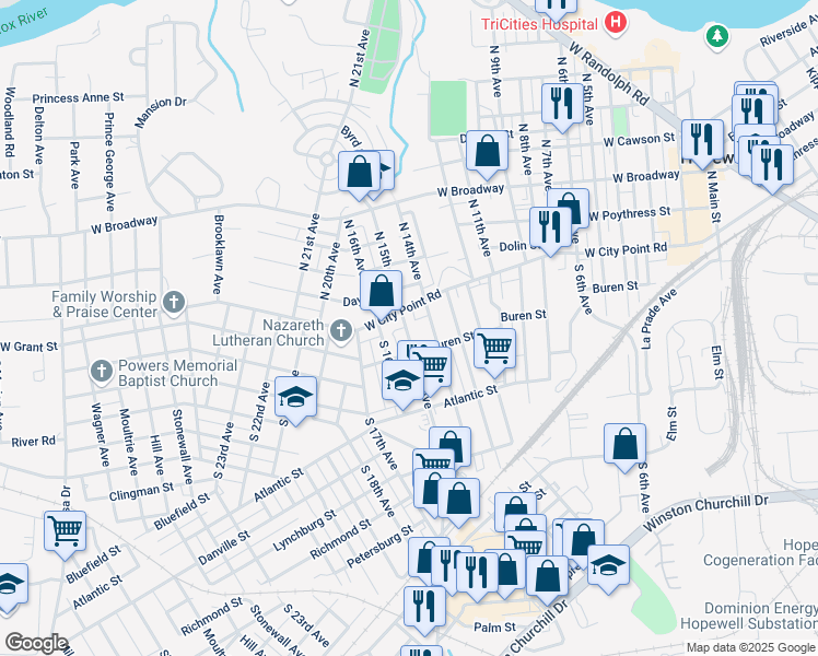 map of restaurants, bars, coffee shops, grocery stores, and more near 107 South 15th Avenue in Hopewell