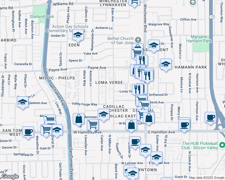 map of restaurants, bars, coffee shops, grocery stores, and more near 159 Eden Avenue in San Jose