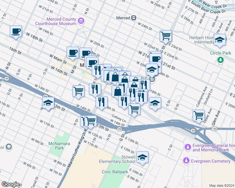 map of restaurants, bars, coffee shops, grocery stores, and more near 140 West Main Street in Merced